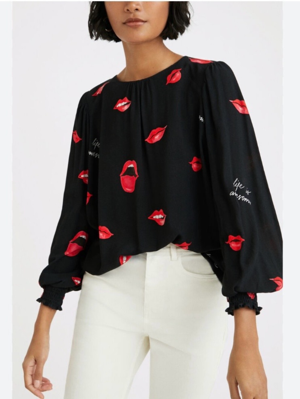 NEW Desigual Mouth Lips Print Blouse Top Black Red size small